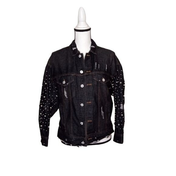 NWT Elan Distressed Denim w/ Pearl & Silver Beaded Black Jean Jacket M/L - Picture 1 of 9